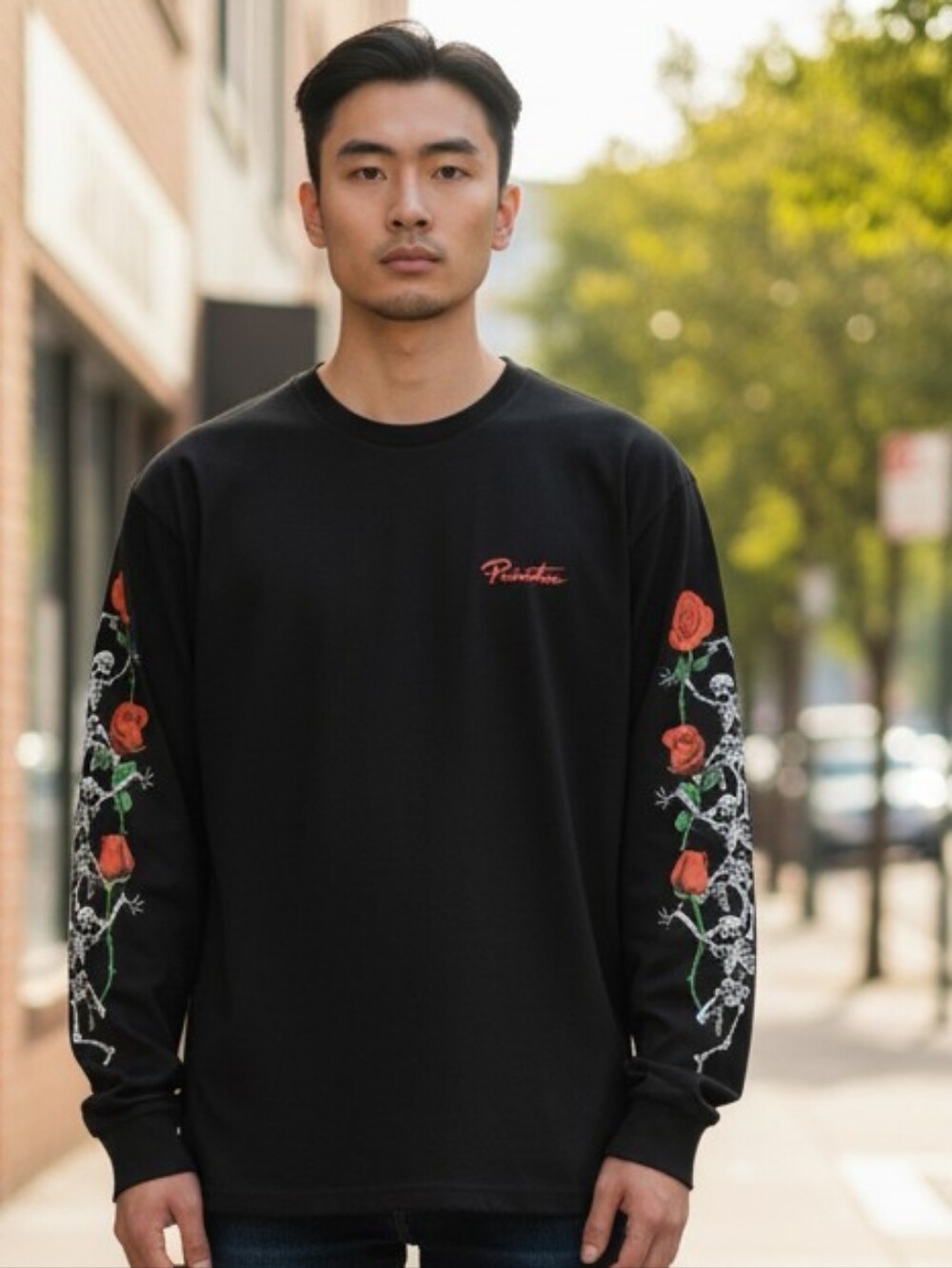 Men's Black Long-Sleeve Crewneck Shirt  Red Rose/skeleton Sleeve Graphics 6030